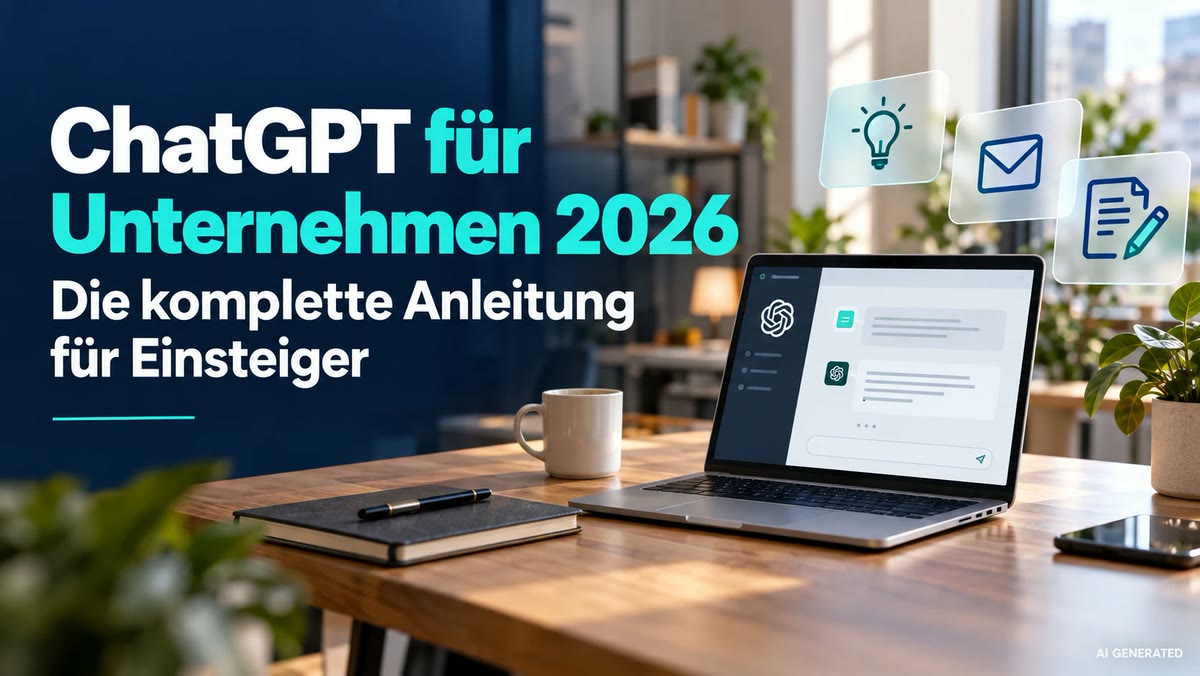Laptop mit geöffnetem ChatGPT auf einem Schreibtisch, daneben Symbole für Ideen, E-Mails und Texte – ChatGPT für Unternehmen 2026
