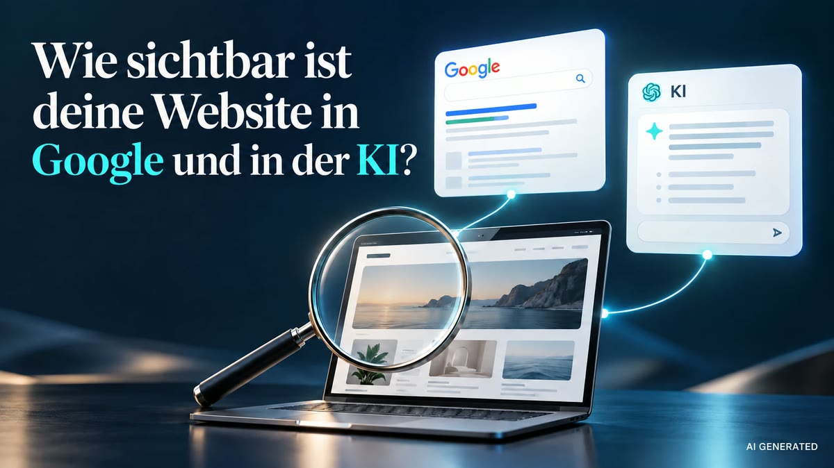 Laptop mit Lupe, verbunden mit einem Google-Suchfenster und einem KI-Chat – Wie sichtbar ist deine Website in Google und in der KI?
